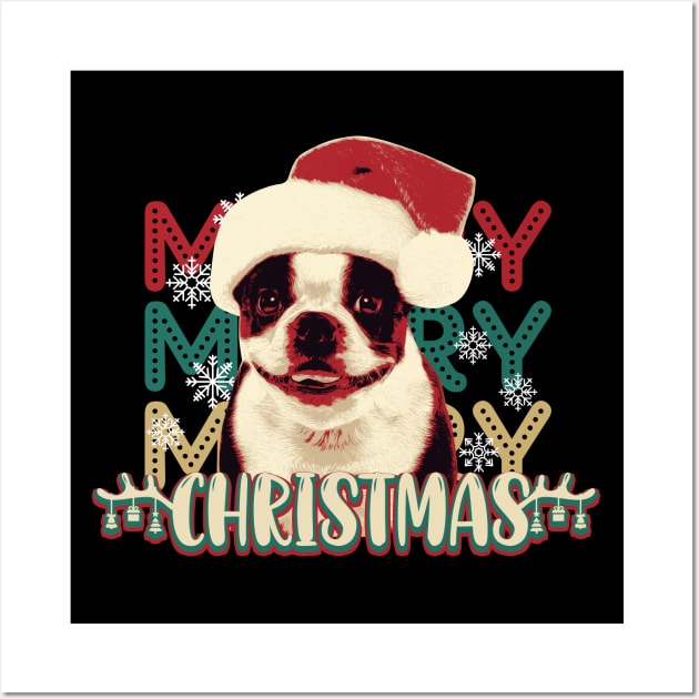 Cute Boston Terrier Merry Christmas Wall Art by mia_me